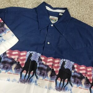 Vintage Cumberland Outfitters Mens Medium Navy White USA Flag Horse Pearl Snap